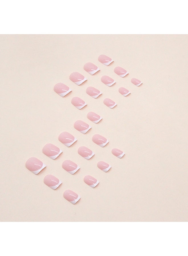 JOSQUEWNN 24pcs Press On False Nails,Short Pink Square White French Nail Art Sheets,Can Be Reused.Fake Acrylic Nails With Glue Kit. - Image 5